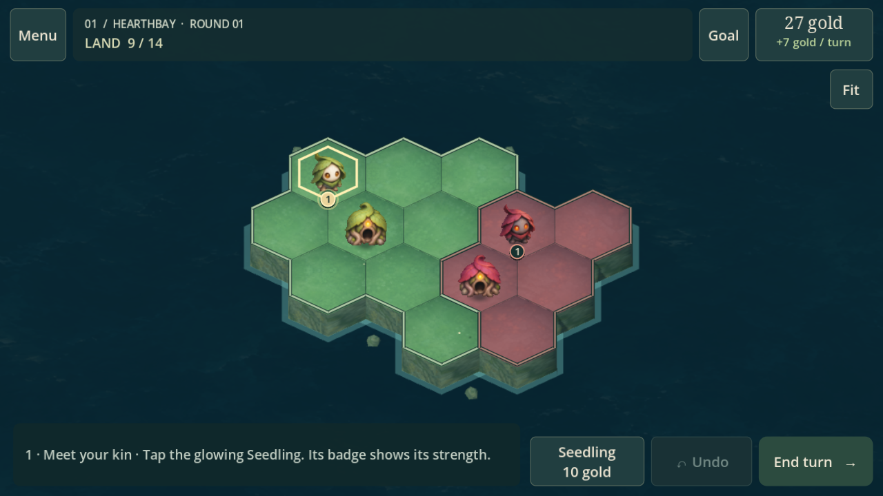 Mosskin and Emberkin territories on a hexagonal island, with creatures and burrows